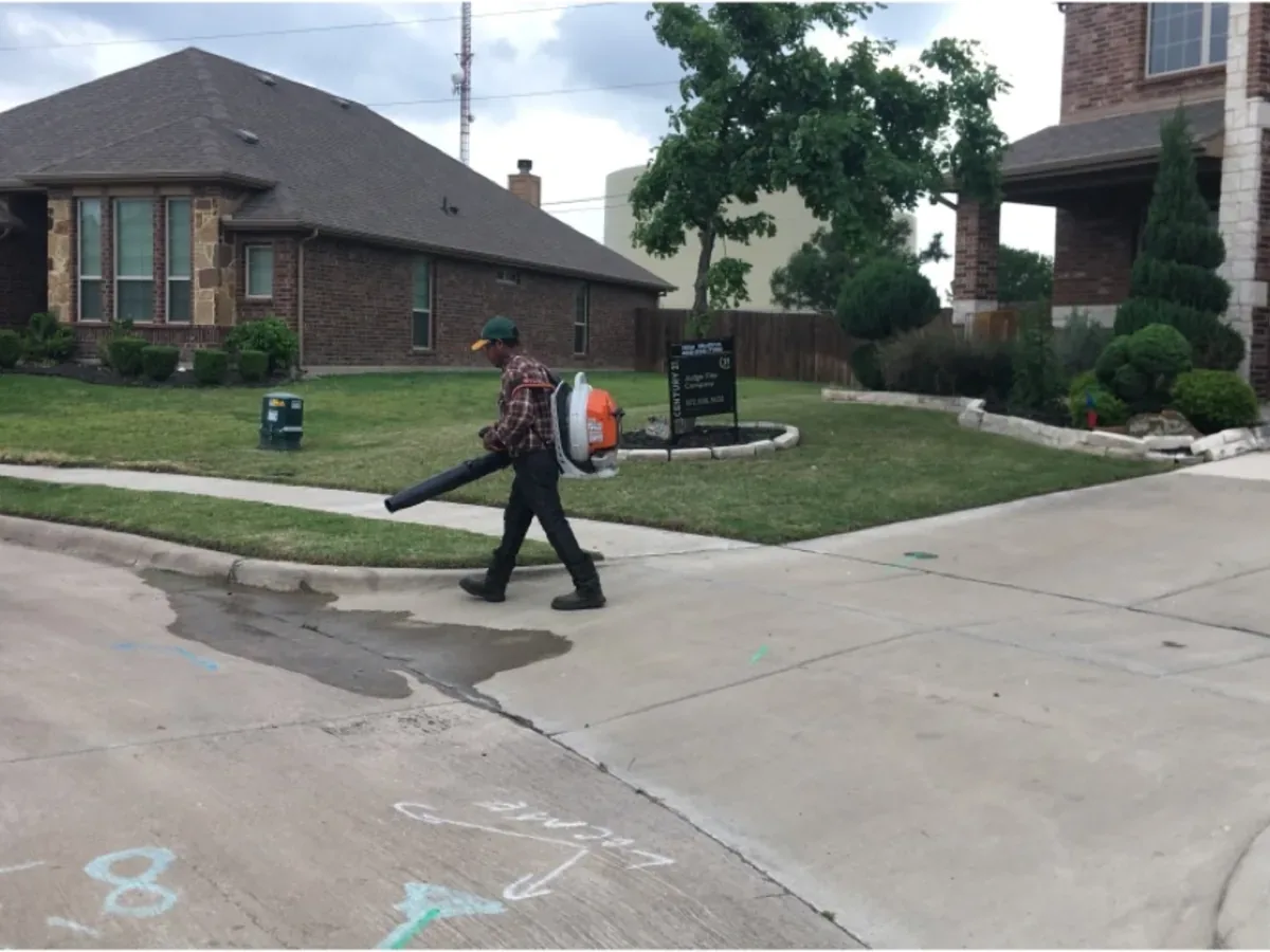 Backpack blower clearing leaves and debris from a driveway