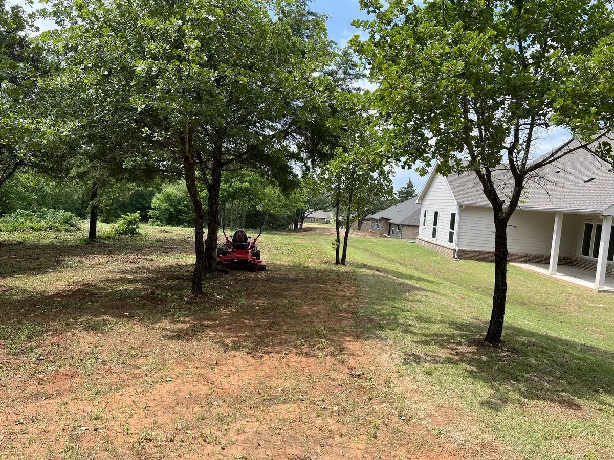 Mowing a sloped shaded yard beneath mature trees